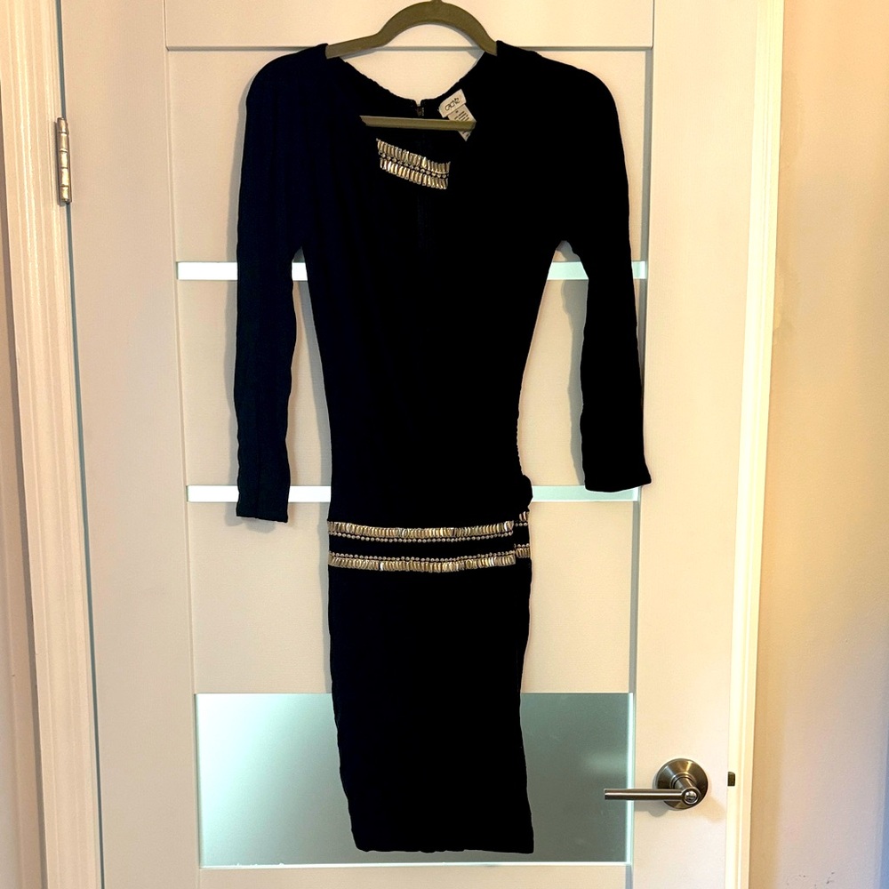 Cache Black Long Sleeve Bodycon Dress with Gold Trim